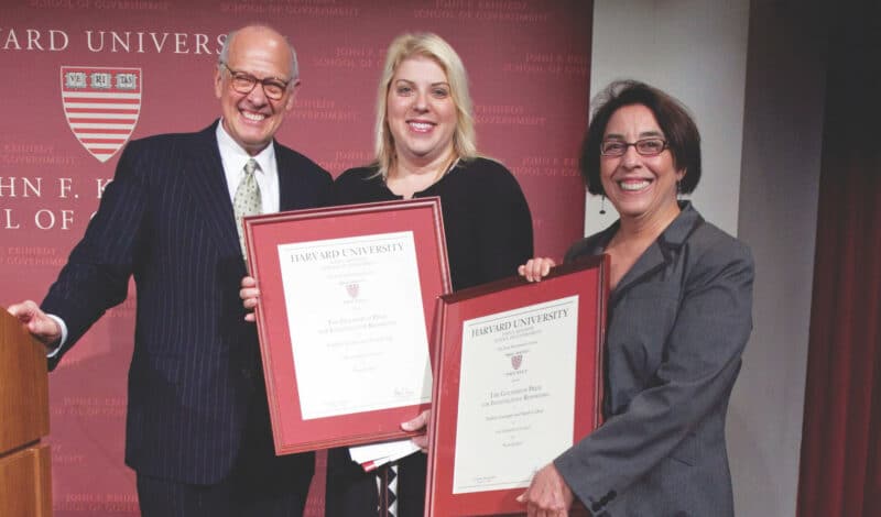 Alex S. Jones with the winners of the Investigative Reporting Prize, Debbie Cenziper and Sarah Cohen